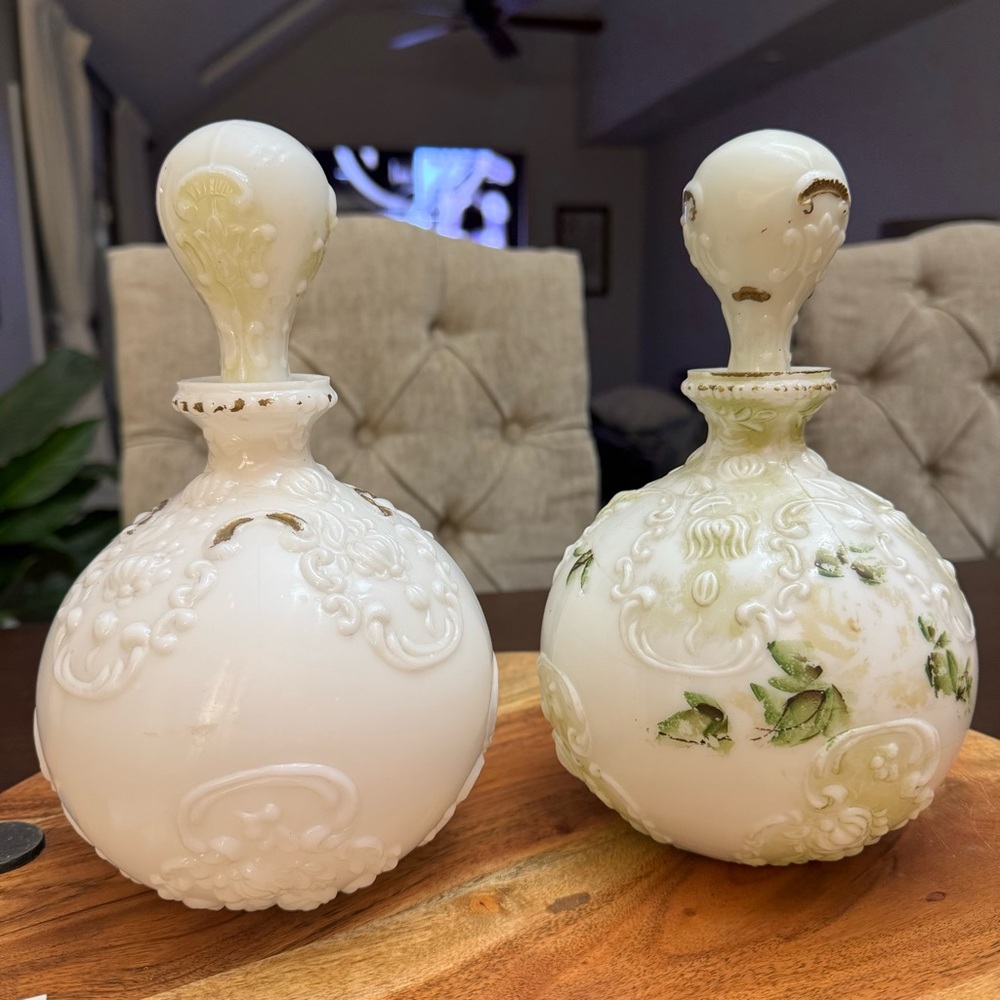 Antique/Vintage Victorian Dithridge Opalware Milk Glass Set of 2 Decanters